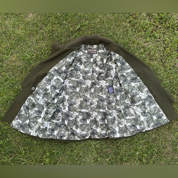 Guess Olive Green Wool Blend Double Breasted Pea Coat Womens XL *Button Missing* - Picture 3 of 10